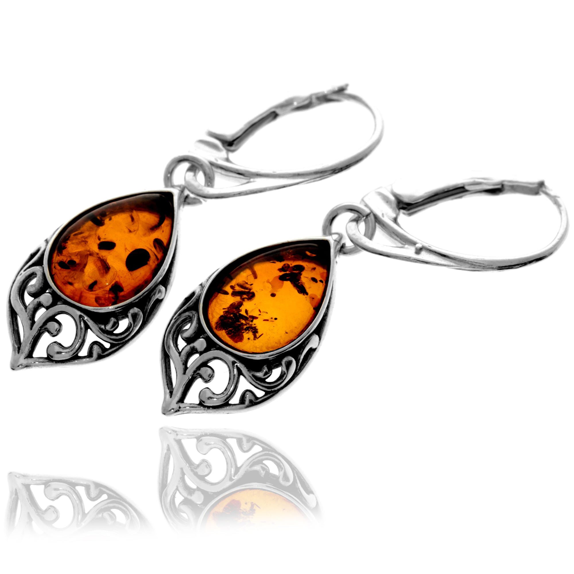 925 Sterling Silver & Genuine Baltic Amber Modern Drop Earrings - 8457