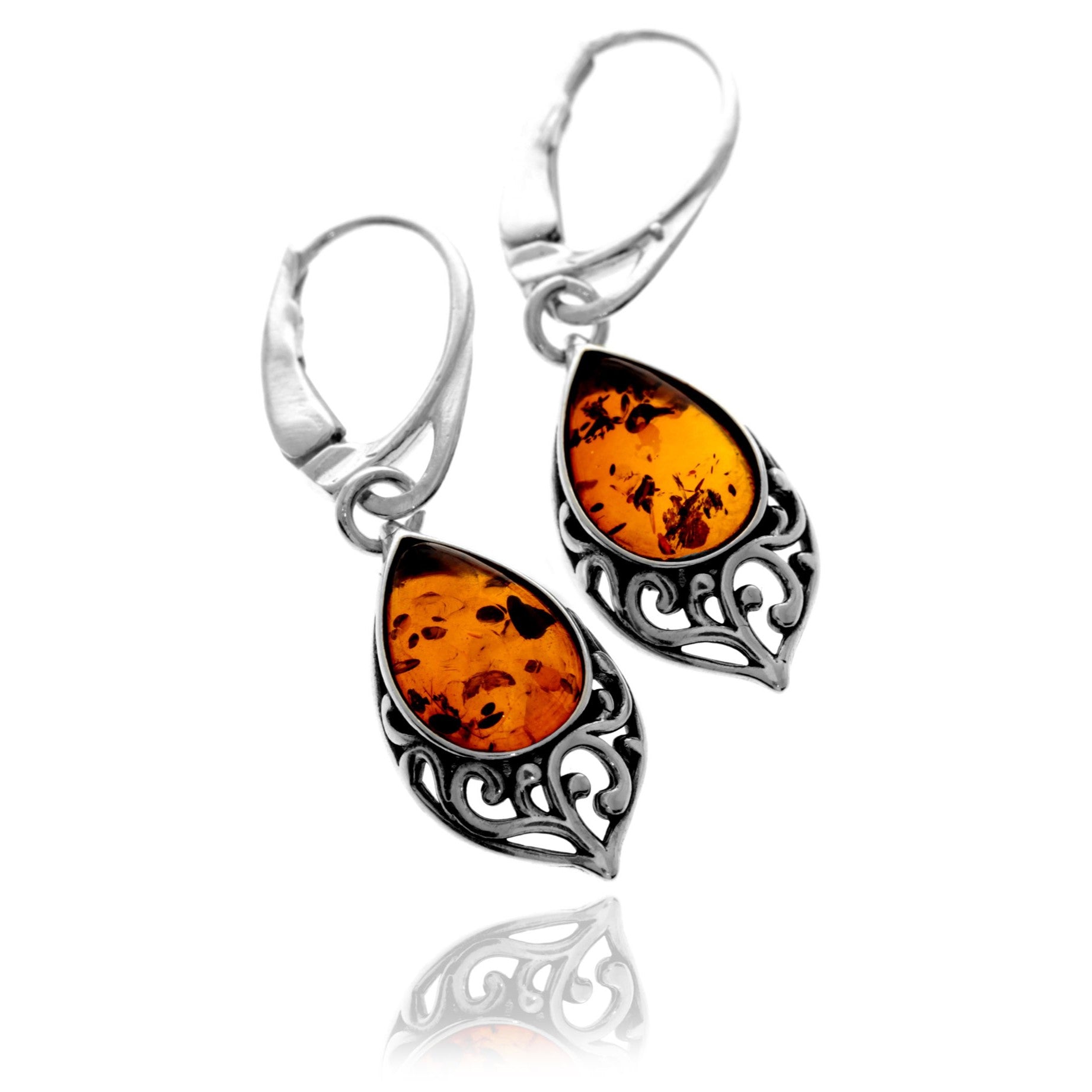 925 Sterling Silver & Genuine Baltic Amber Modern Drop Earrings - 8457