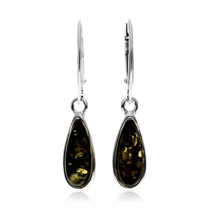925 Sterling Silver & Baltic Amber Modern Teardrop Drop / Dangle Earrings - G030