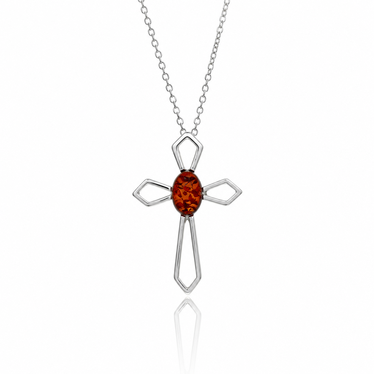 925 Sterling Silver & Genuine Baltic Amber Cross Pendant - 655
