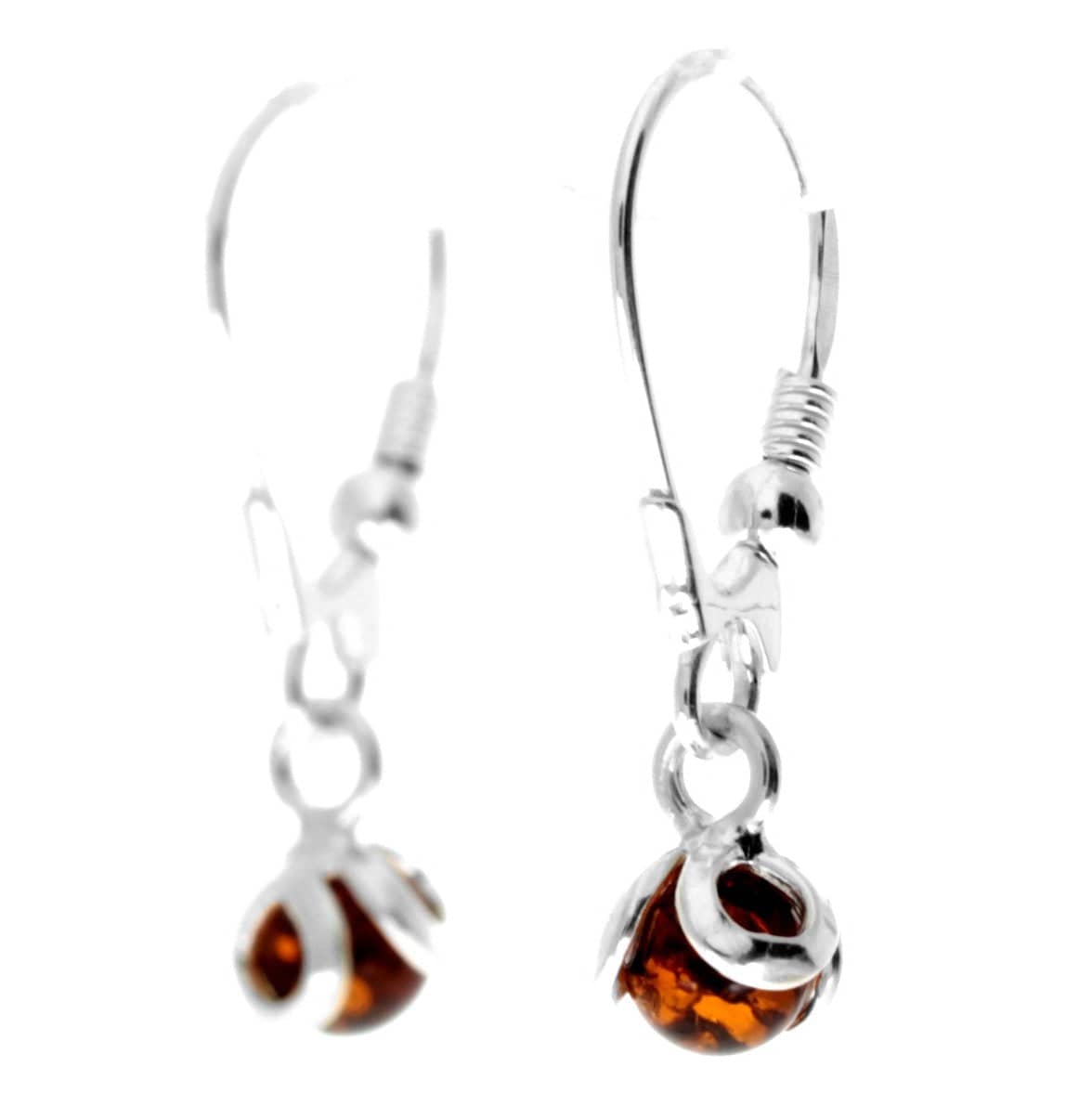 925 Sterling Silver & Genuine Baltic Amber Classic Ball Dangling Earrings - 8546