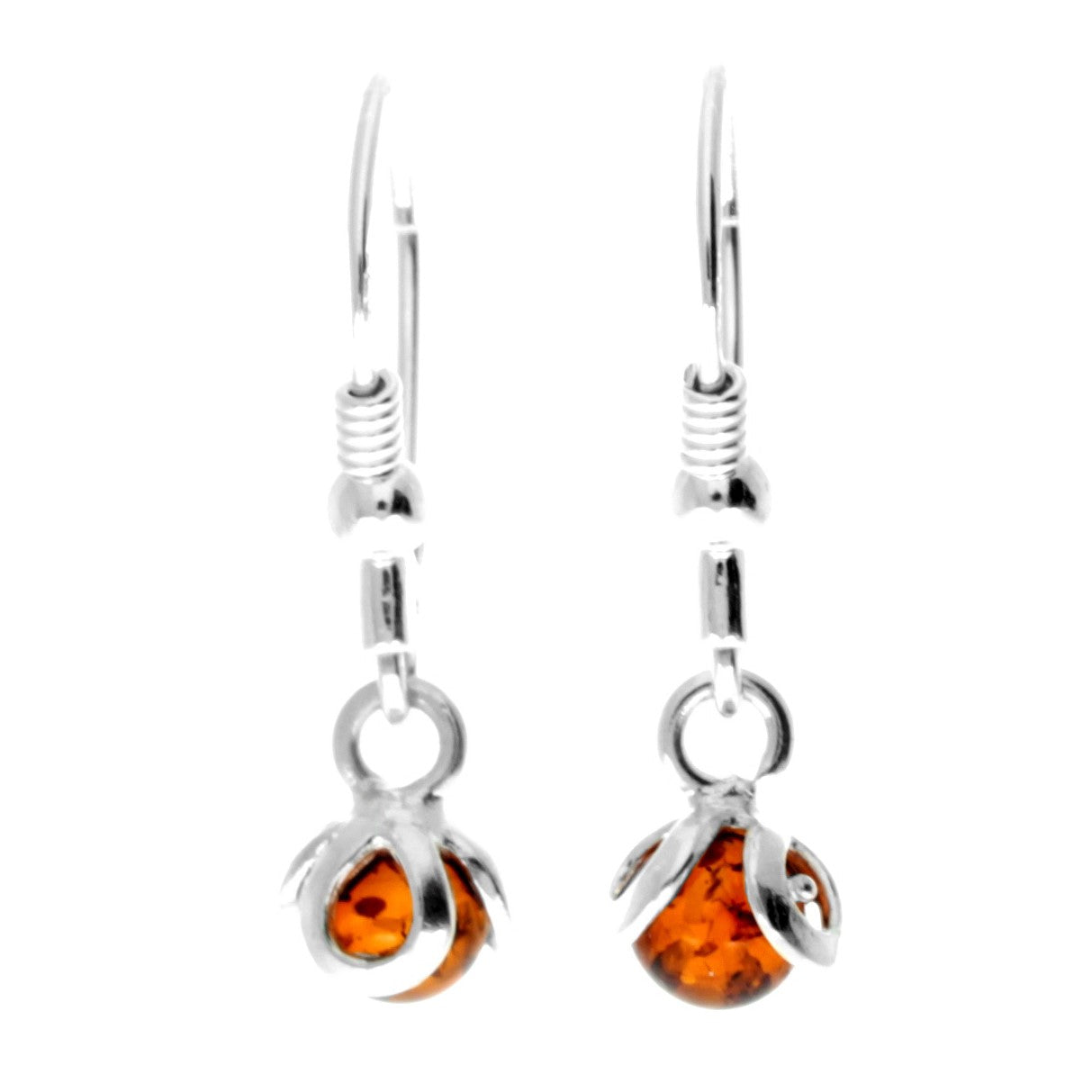 925 Sterling Silver & Genuine Baltic Amber Classic Ball Dangling Earrings - 8546