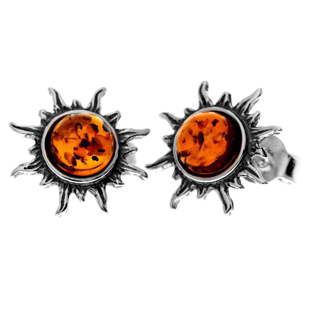 925 Sterling Silver & Genuine Baltic Amber Small Sun Stud Earrings 8549