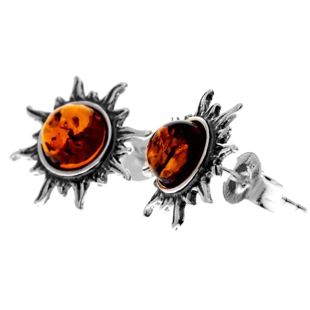 925 Sterling Silver & Genuine Baltic Amber Small Sun Stud Earrings 8549