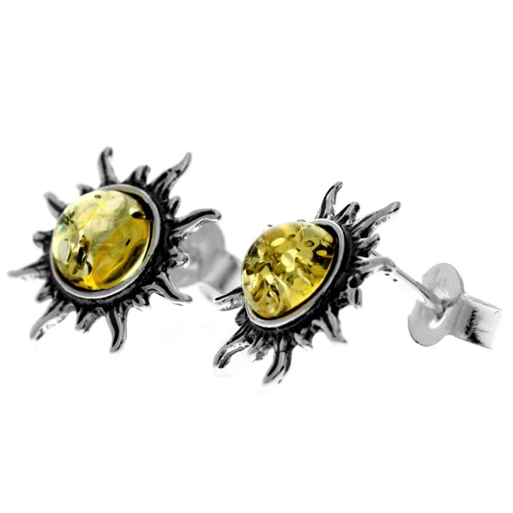 925 Sterling Silver & Genuine Baltic Amber Small Sun Stud Earrings 8549