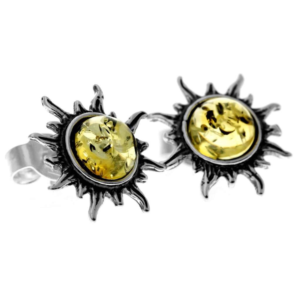 925 Sterling Silver & Genuine Baltic Amber Small Sun Stud Earrings 8549