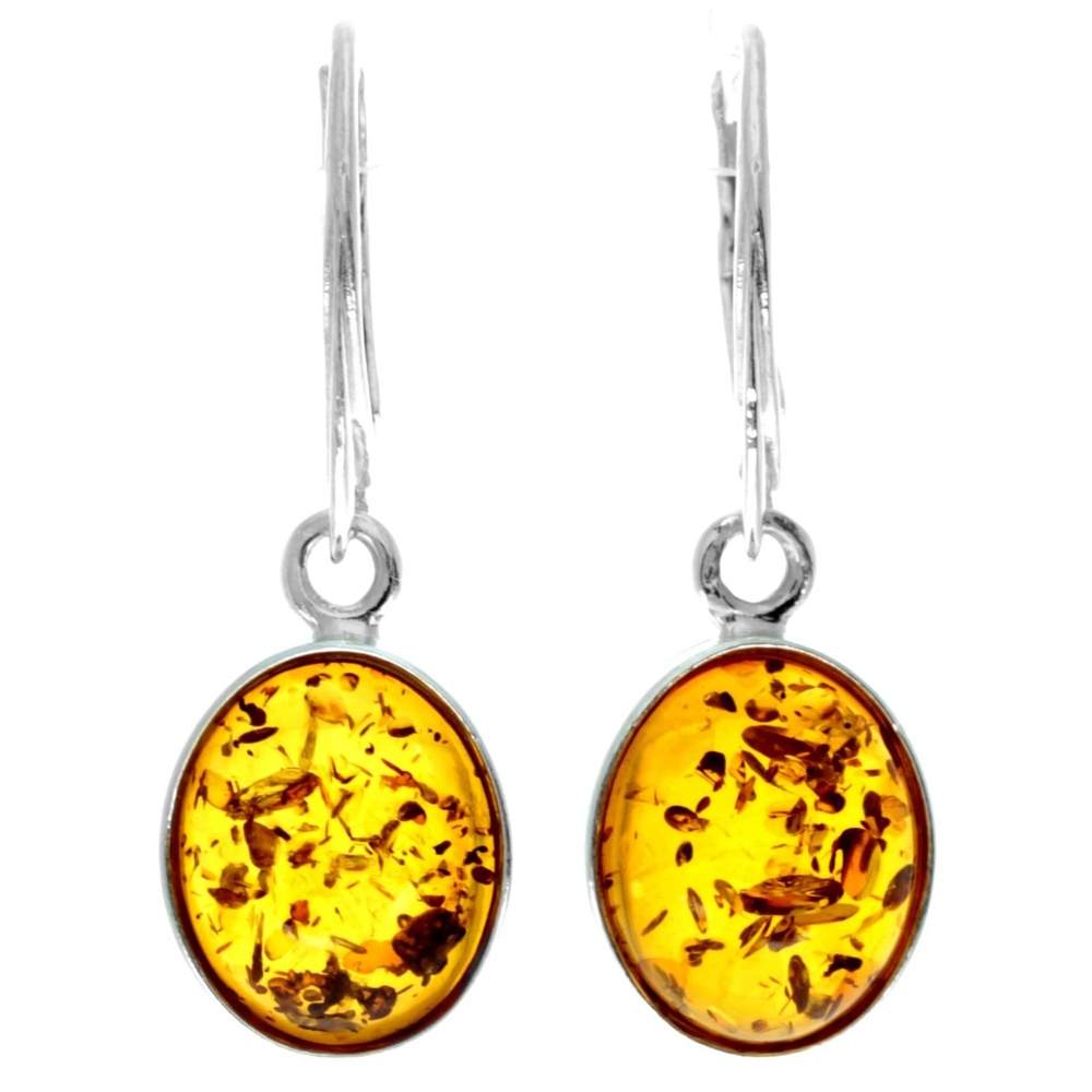 925 Sterling Silver & Genuine Baltic Amber Classic Drop Dangling Earrings - 8560