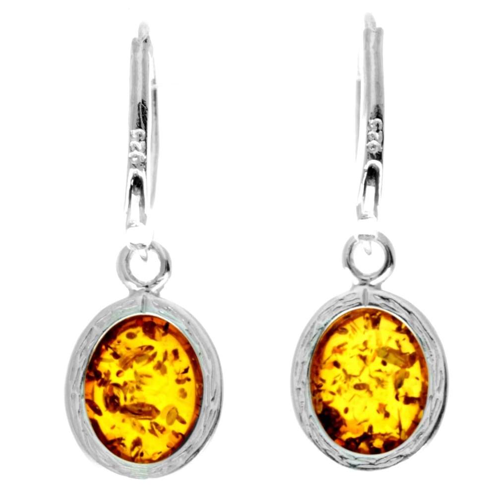 925 Sterling Silver & Genuine Baltic Amber Classic Drop Dangling Earrings - 8560