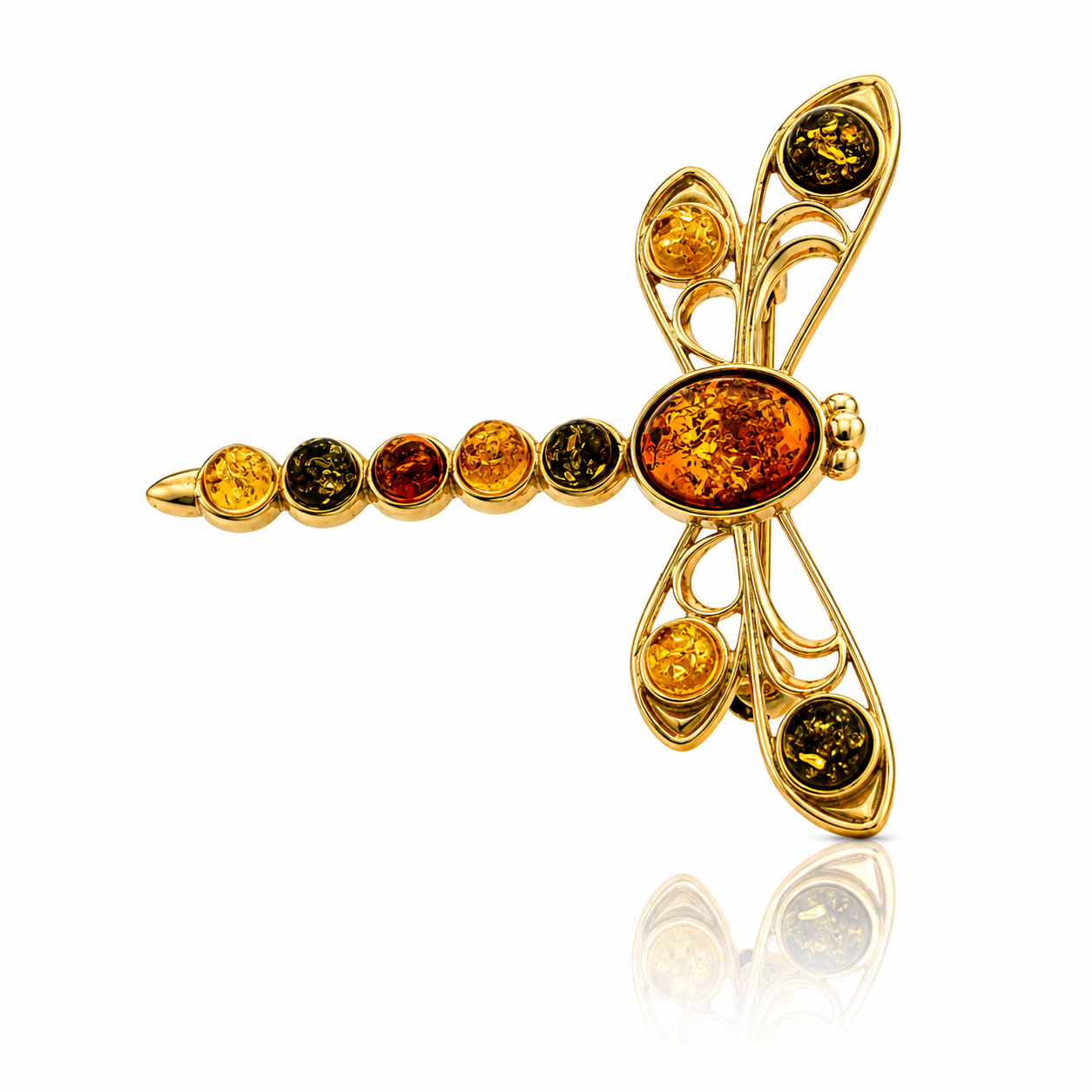 Gold-Plated Over 925 Sterling Silver & Genuine Baltic Amber Exclusive Dragonfly Brooch - 4032G