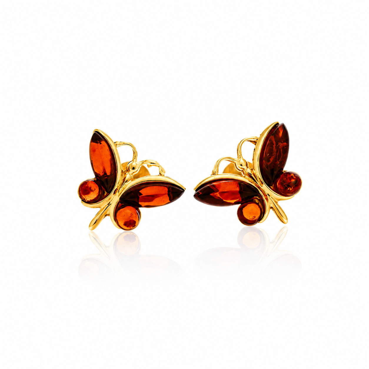 Gold Plated over 925 Sterling Silver & Genuine Baltic Amber Classic Butterfly Studs Earrings - 8494G