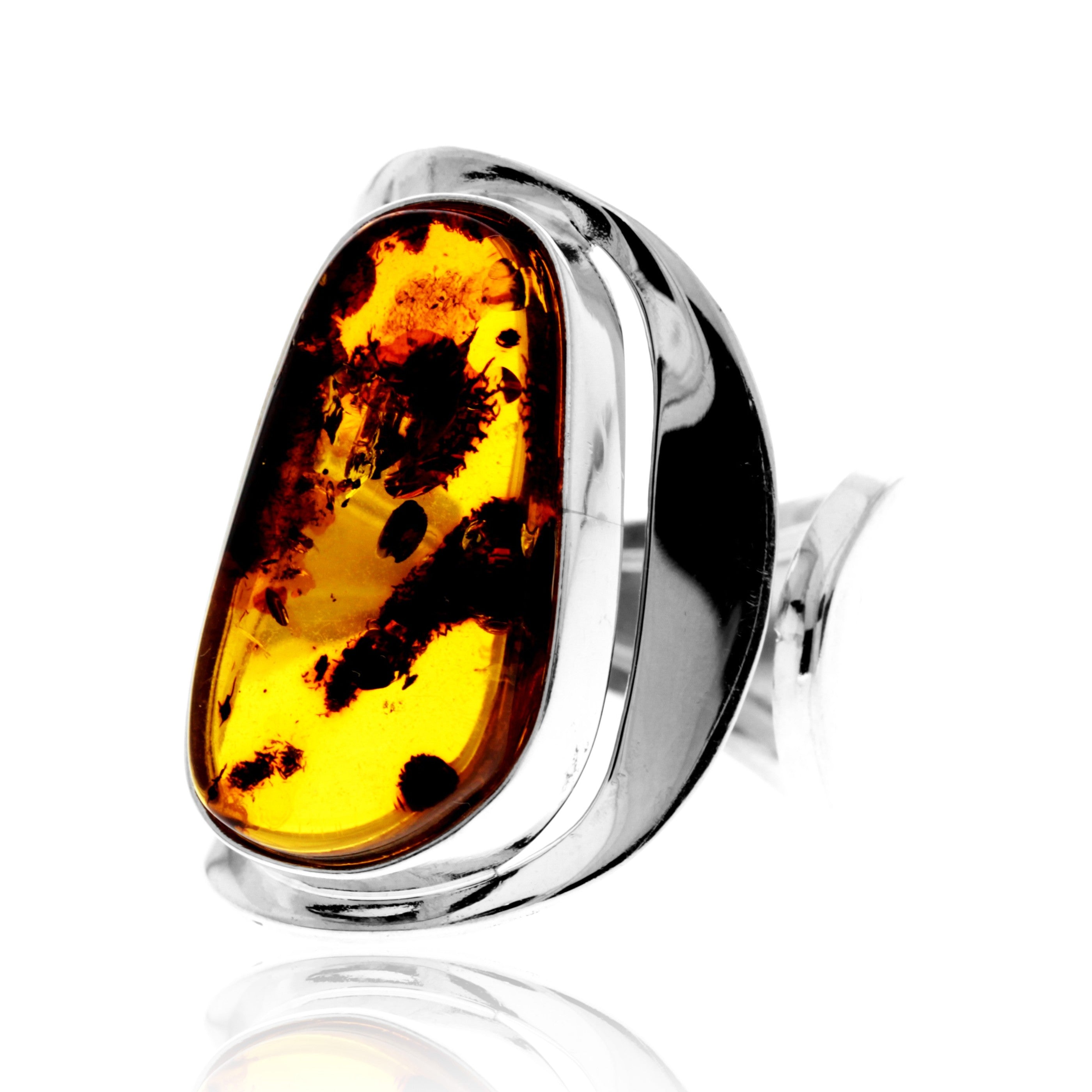 925 Sterling Silver & Genuine Cognac Baltic Amber Unique Exclusive Adjustable Size Ring - RG0814