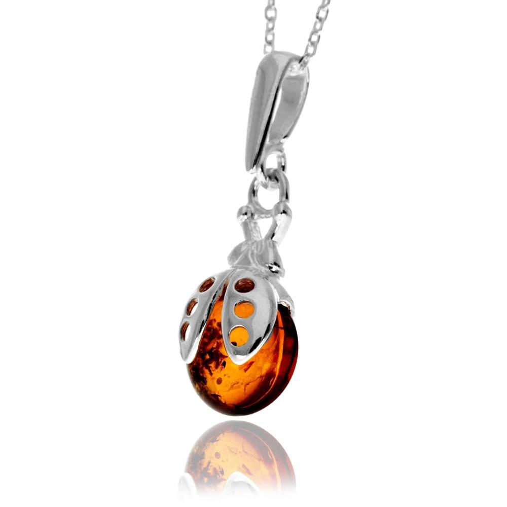 925 Sterling Silver & Genuine Baltic Amber Classic Ladybird Pendant - GL2067