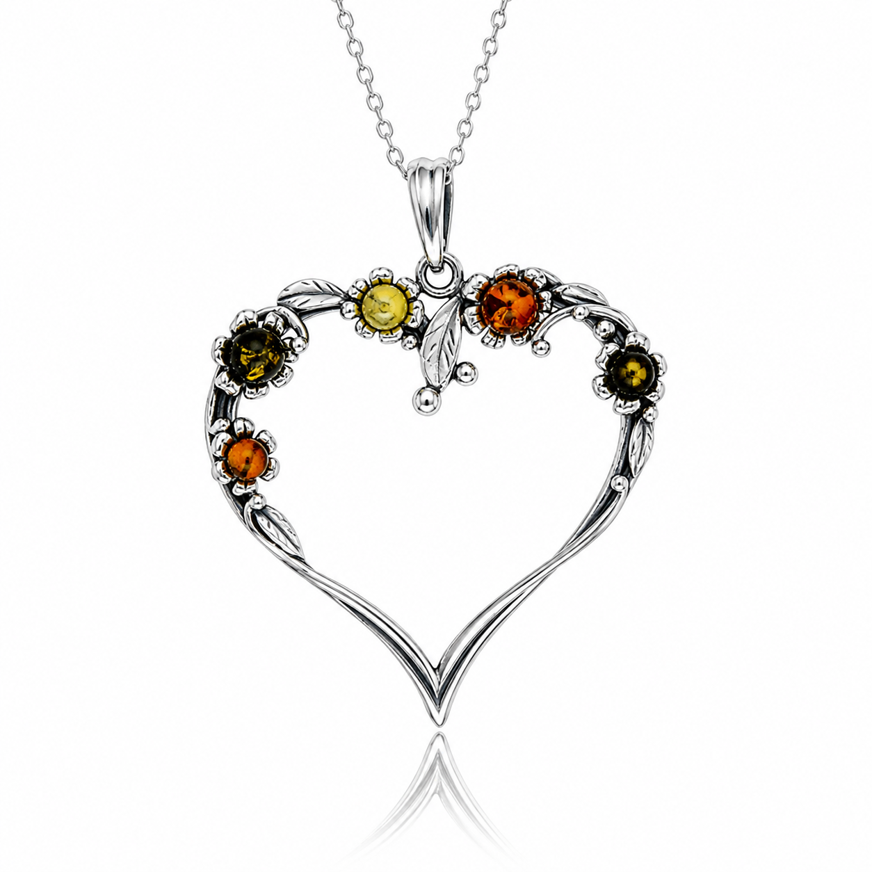 925 Sterling Silver & Genuine Baltic Amber Large Multi Stone Heart Exclusive Pendant - J203