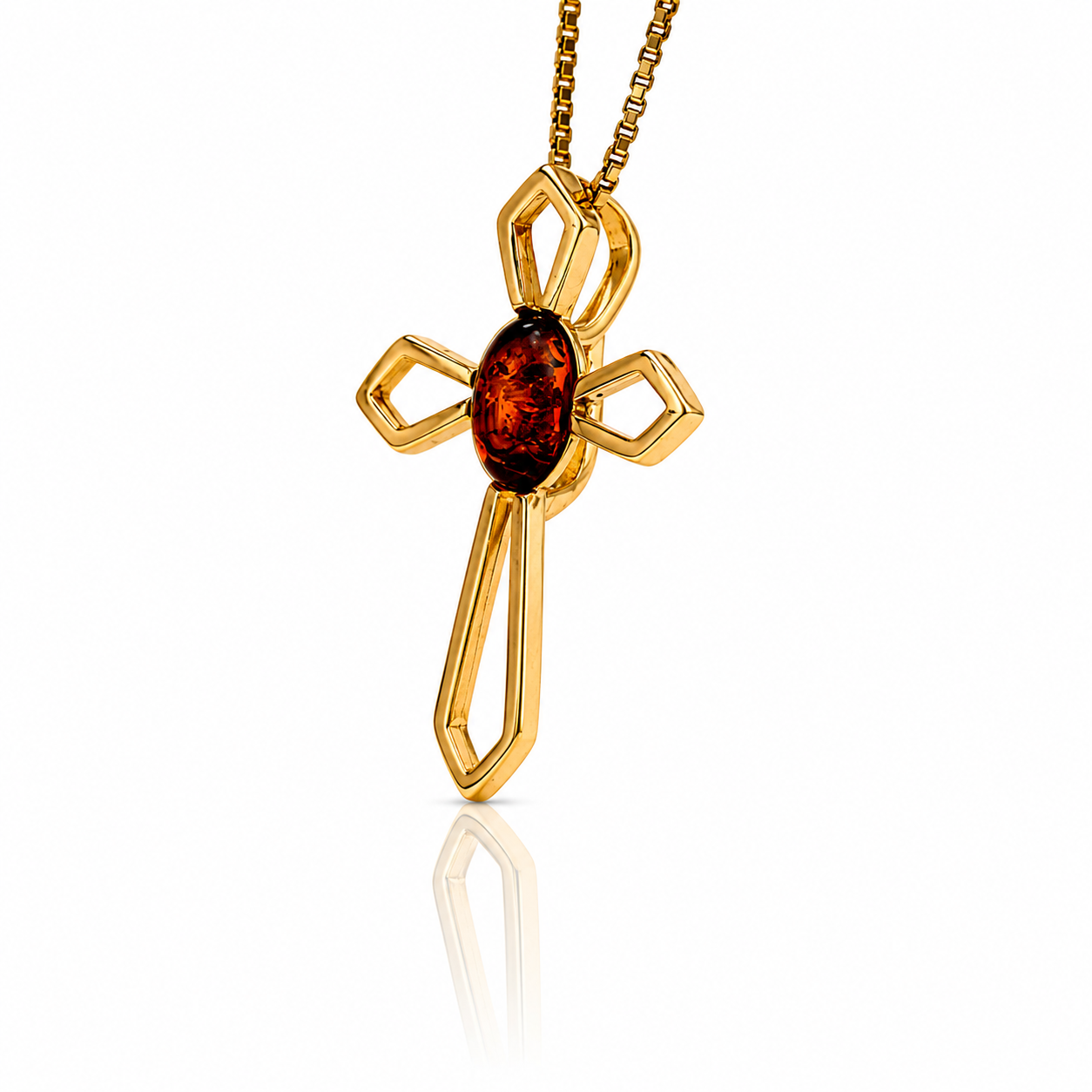 Gold-Plated Over 925 Sterling Silver & Genuine Baltic Amber Cross Exclusive Pendant - G2