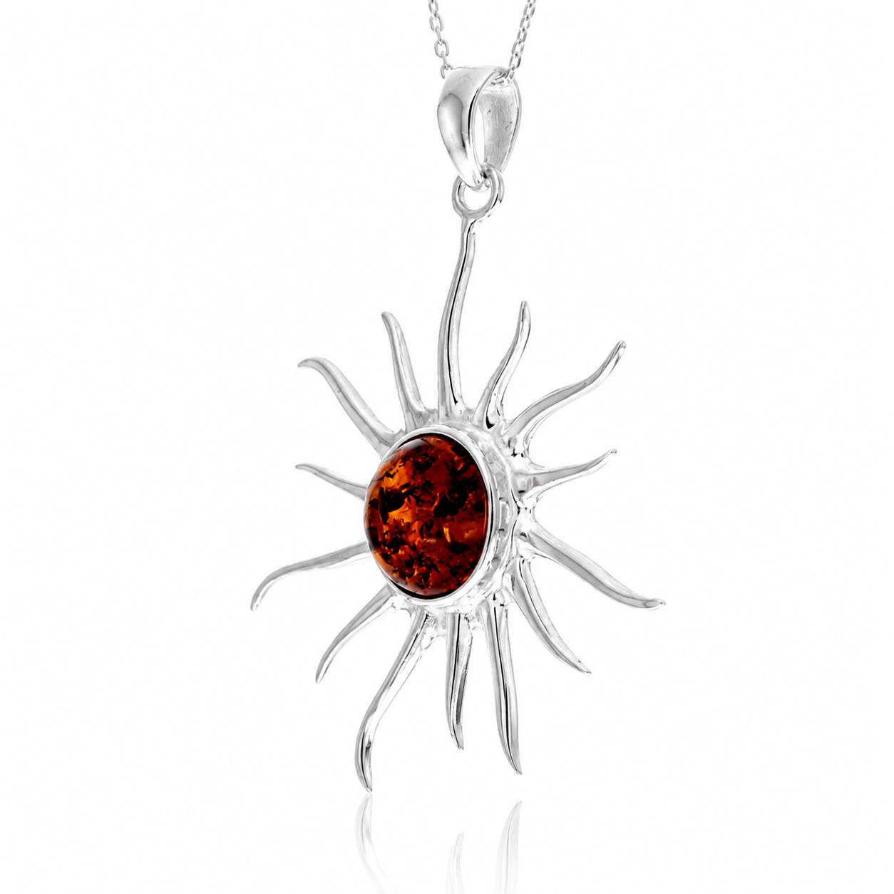925 Sterling Silver & Genuine Baltic Amber Large Exclusive Sun Pendant - 777