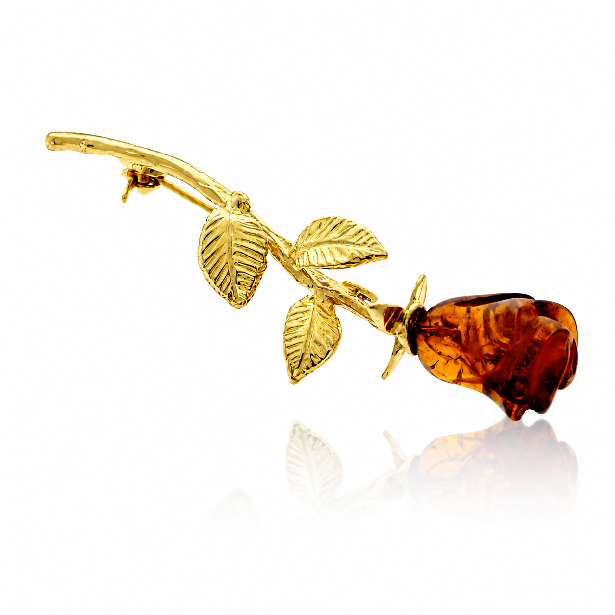 Gold-Plated Over 925 Sterling Silver & Genuine Baltic Amber Hand Carved Exclusive Rose Brooch - BR1G