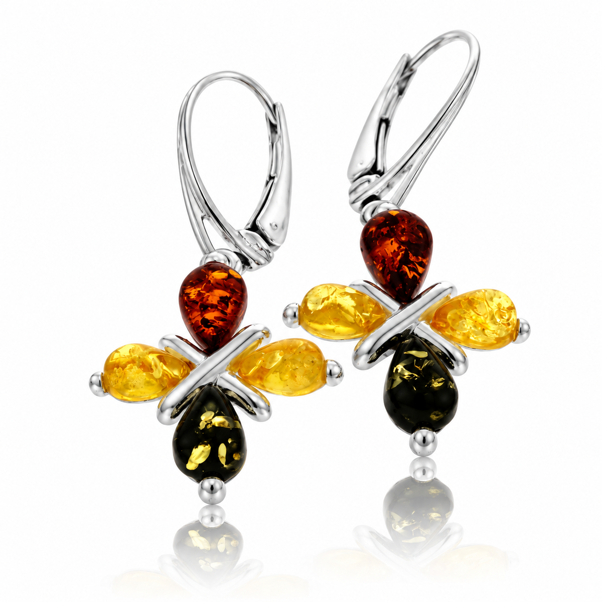 925 Sterling Silver & Genuine Baltic Amber Amber Cross Drop Earrings - 5908