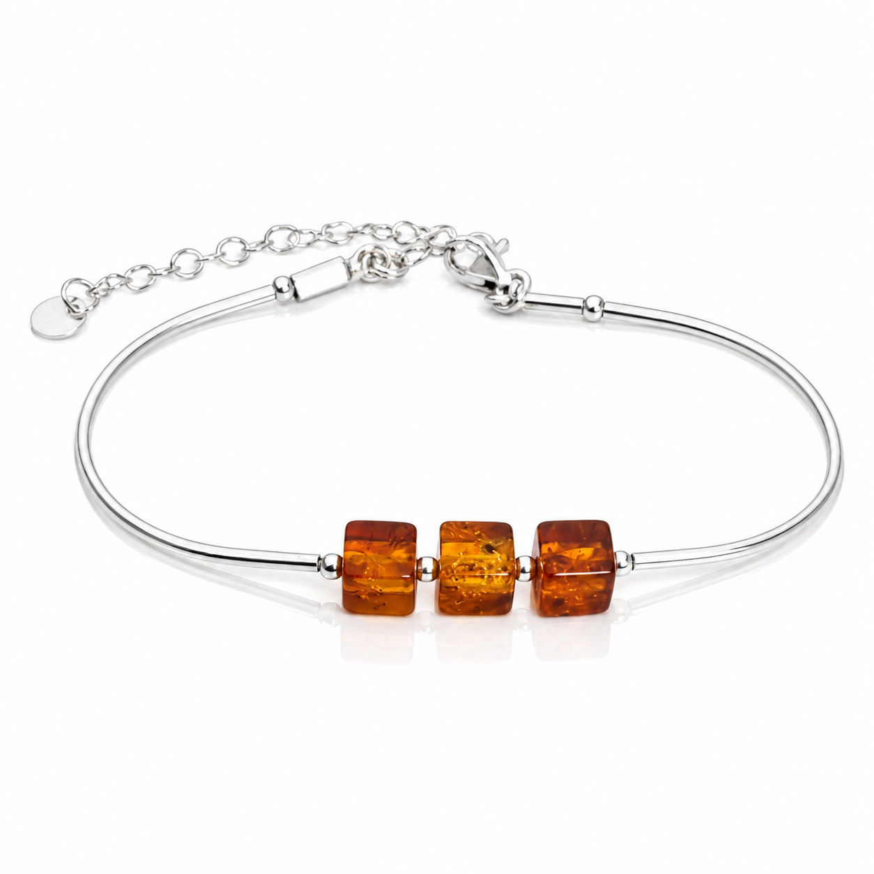 925 Sterling Silver & Genuine Baltic Amber Adjustable Cube Bracelet – J505