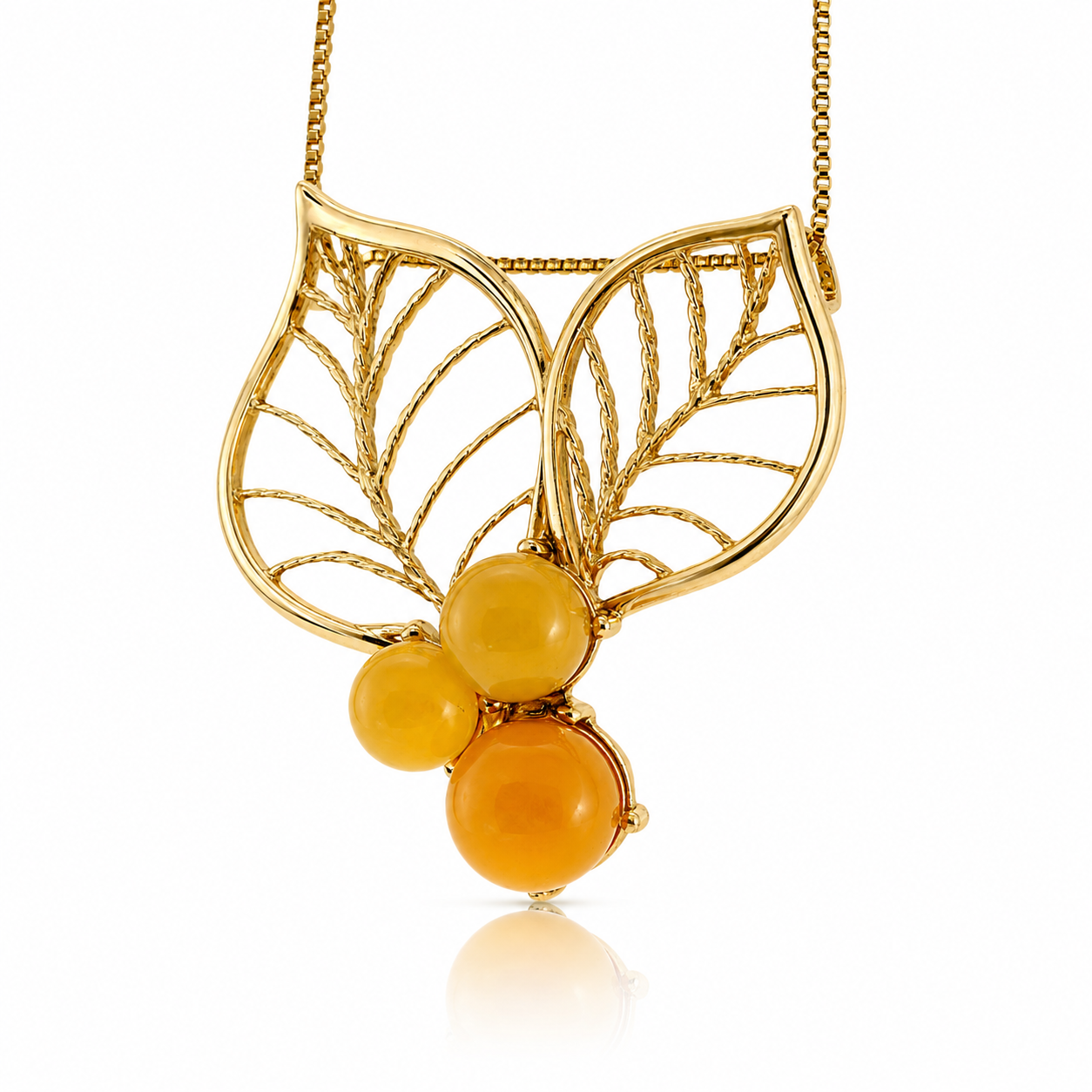 Gold-Plated Over 925 Sterling Silver & Genuine Baltic Amber Double Leaf Detailed Exclusive Pendant - G87