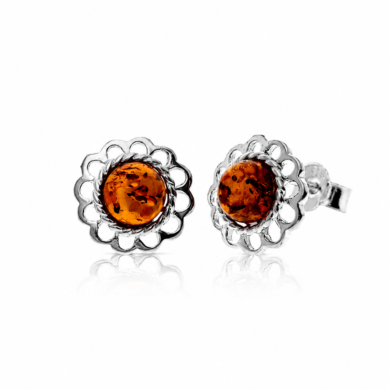 925 Sterling Silver & Genuine Baltic Amber Classic Light Studs Earrings - 8414