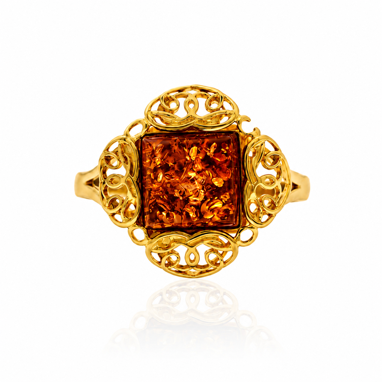 Gold-Plated Over 925 Sterling Silver & Genuine Square Baltic Amber Classic Designer Ring - 7599G