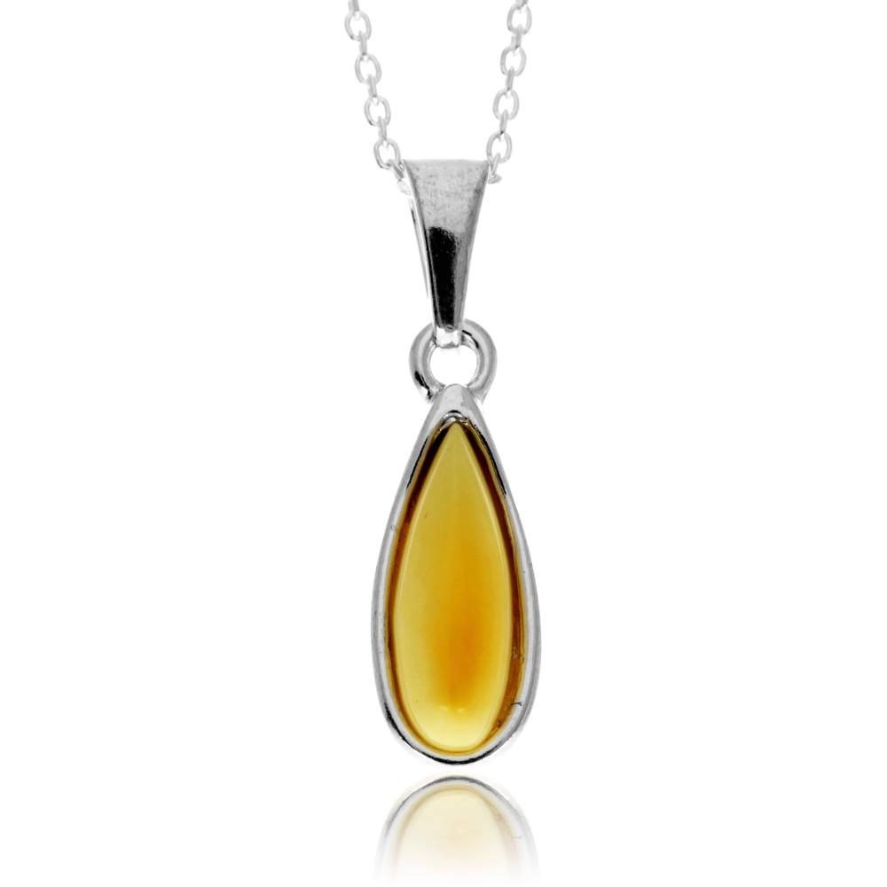 925 Sterling Silver & Genuine Baltic Amber Modern Teardrop Pendant - G236