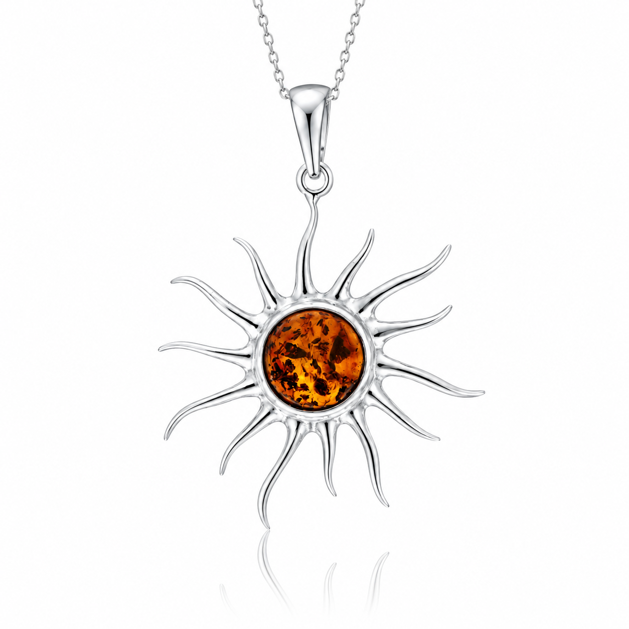925 Sterling Silver & Genuine Baltic Amber Large Exclusive Sun Pendant - 777
