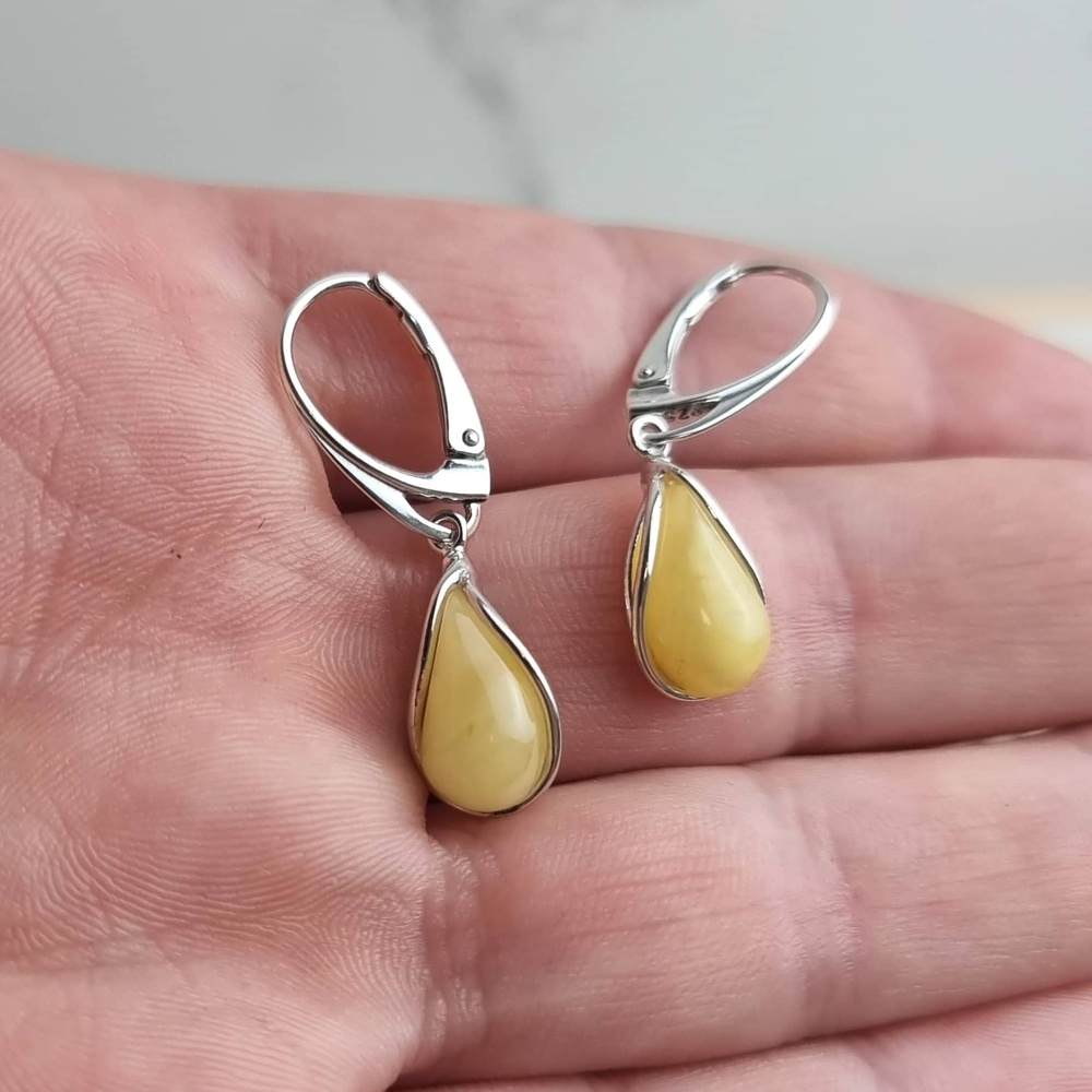 925 Sterling Silver & Baltic Amber Modern Teardrop Drop / Dangle Earrings - G029