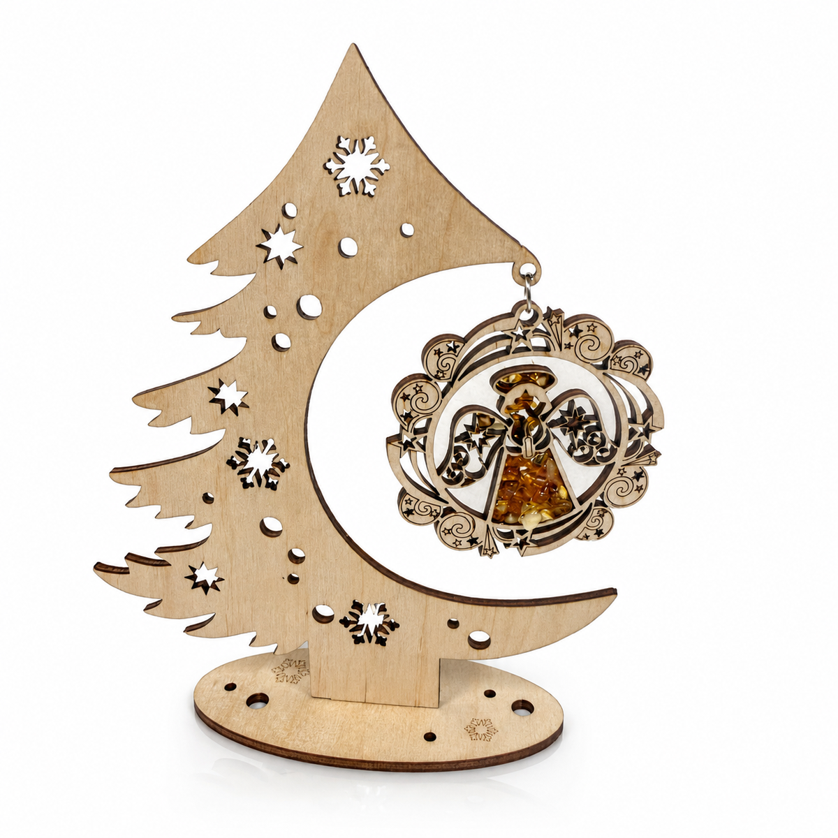 Wooden Christmas Tree Decoration with Angel & Natural Baltic Amber – LSUV3