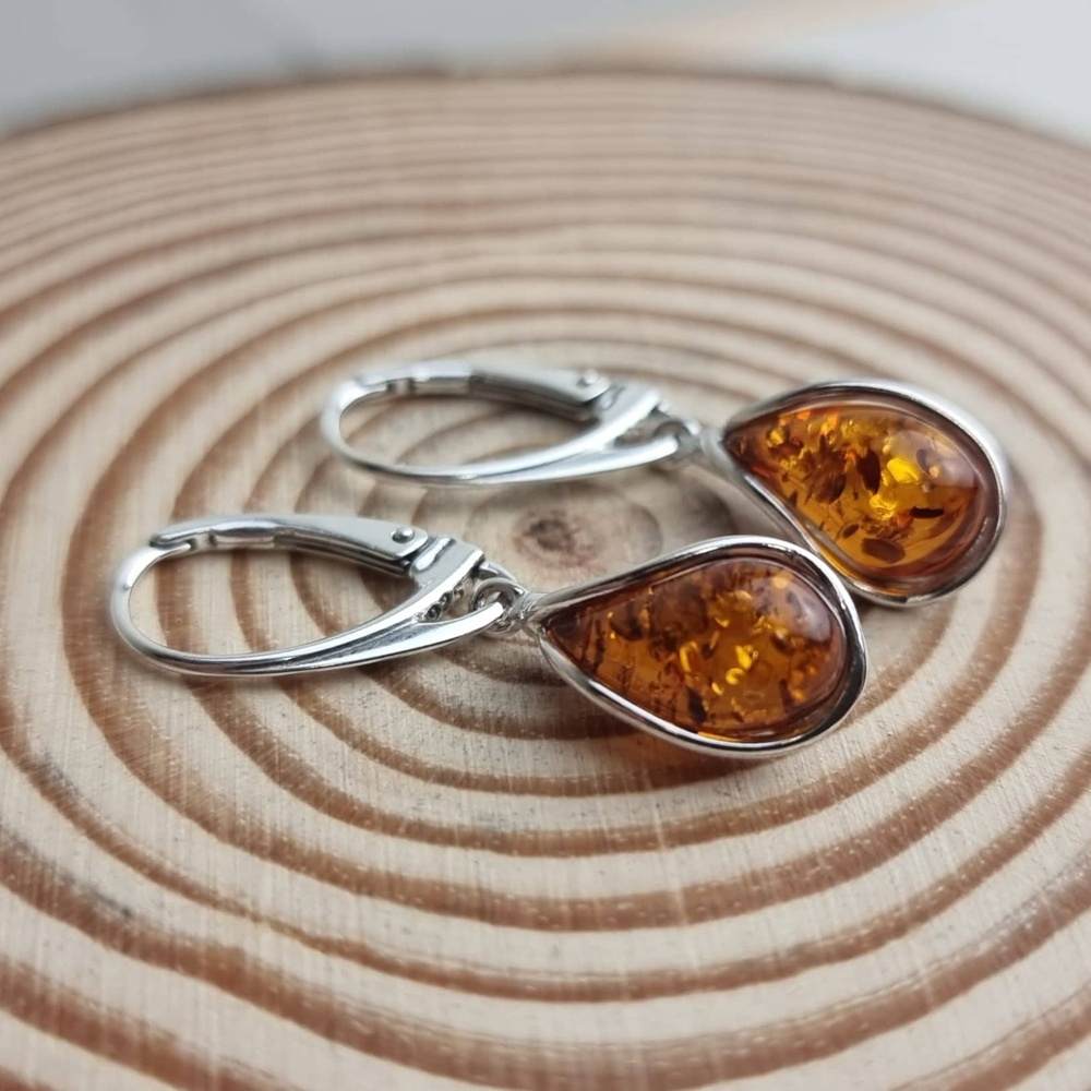 925 Sterling Silver & Baltic Amber Modern Teardrop Drop / Dangle Earrings - G029