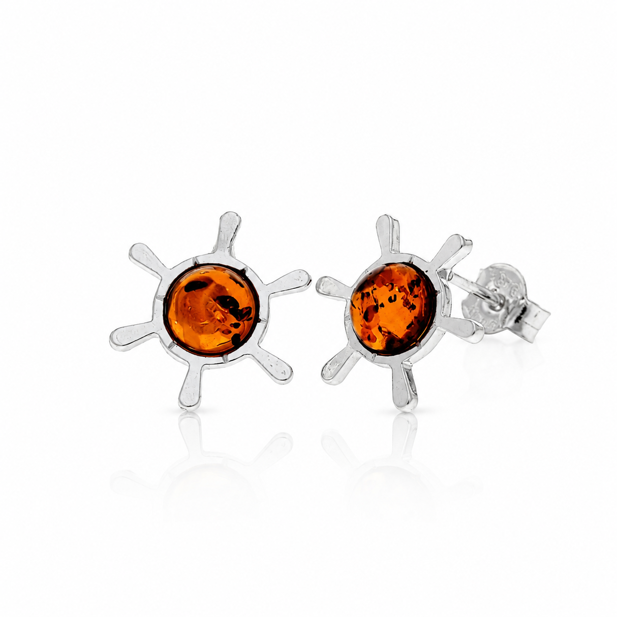 925 Sterling Silver & Genuine Baltic Amber Classic Marine Nautical Steering Wheel Studs Earrings - 8493
