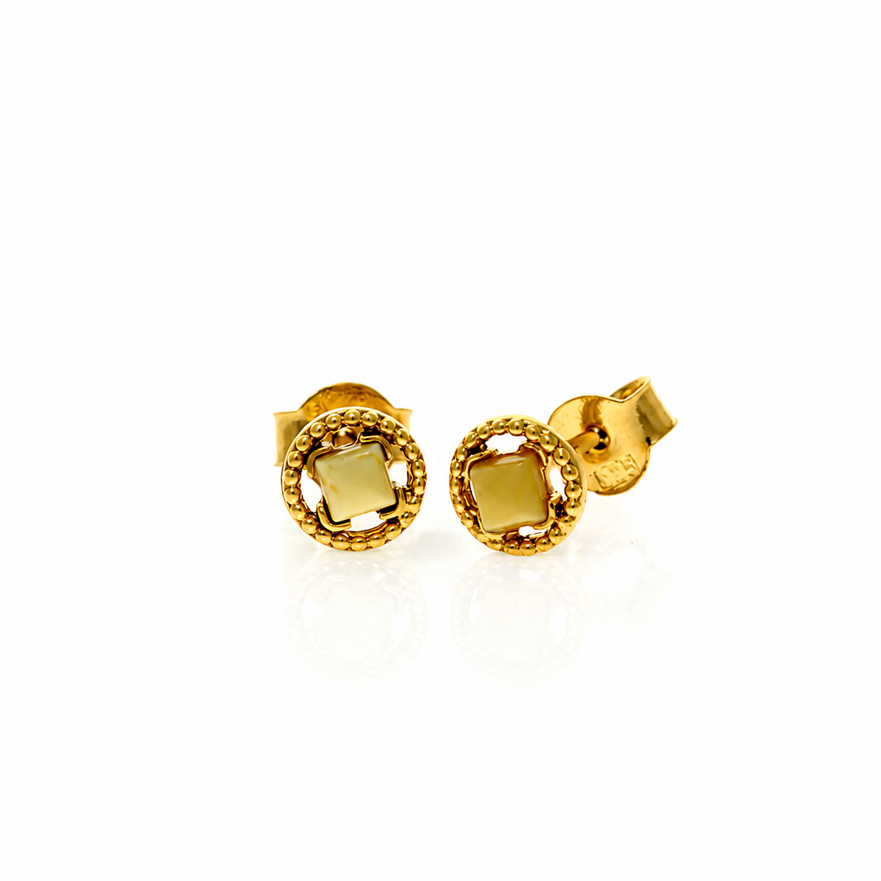 Gold Plated over 925 Sterling Silver & Genuine Baltic Amber Contemporary Round Small Studs Earrings - AEG23