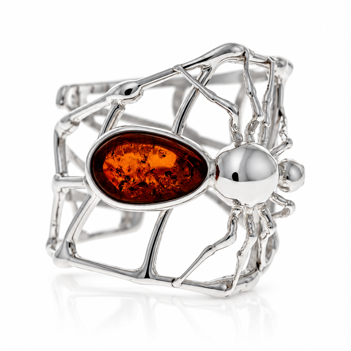 925 Sterling Silver & Genuine Baltic Amber Spider ring - AA400