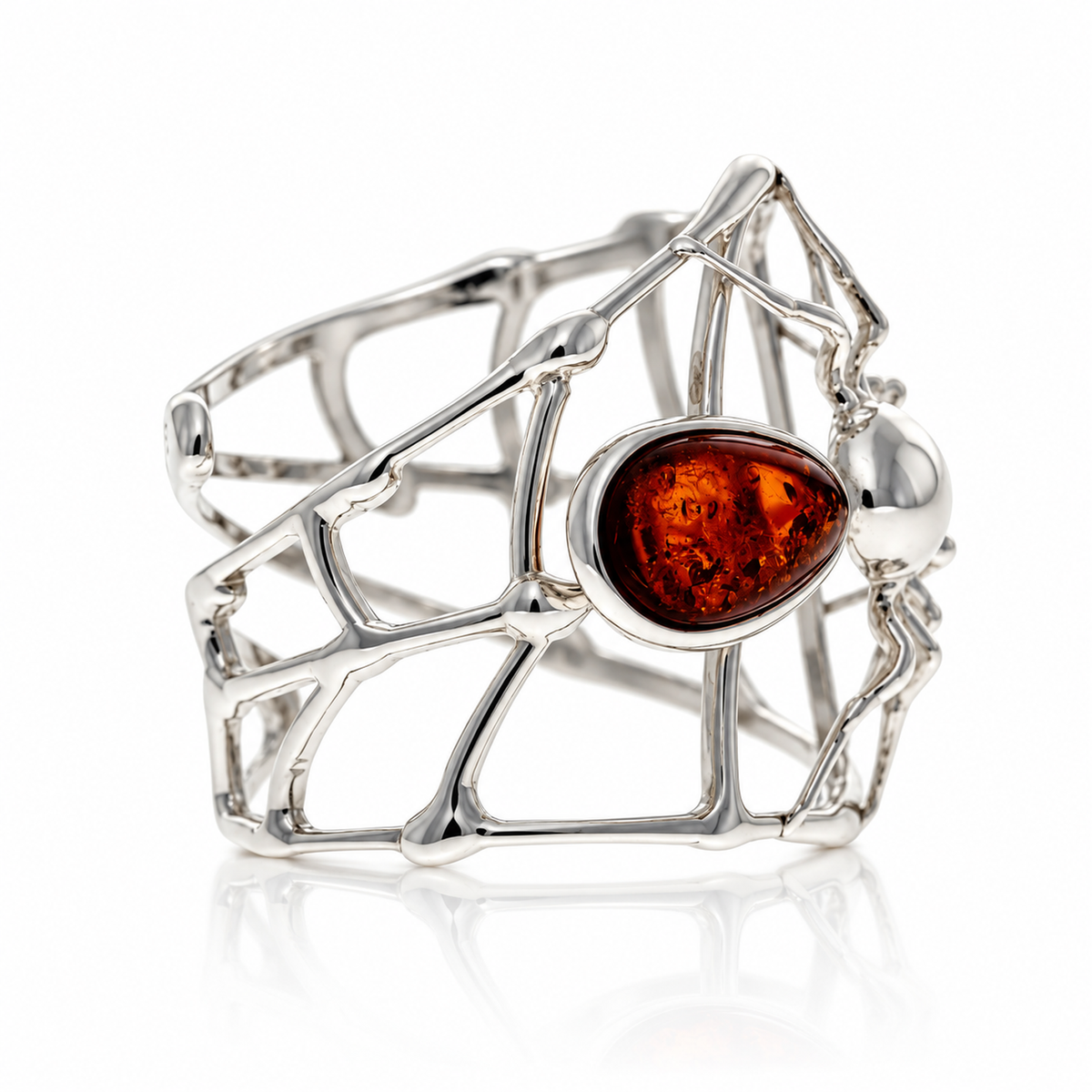 925 Sterling Silver & Genuine Baltic Amber Spider ring - AA400