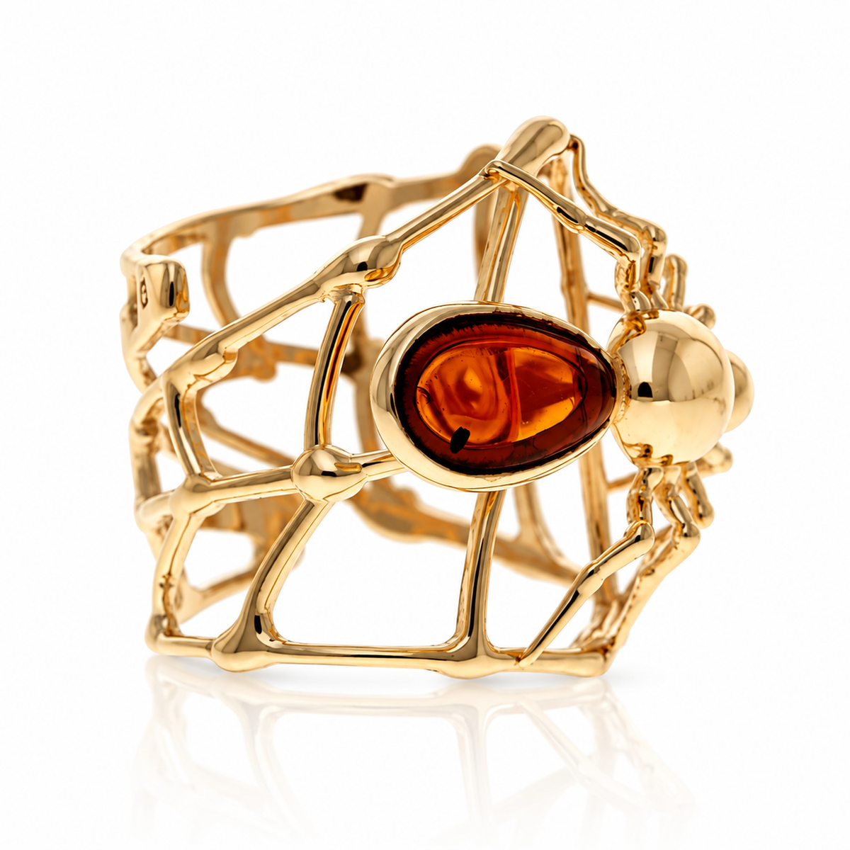 18k Gold-plated 925 Sterling Silver & Genuine Baltic Amber Spider ring - AA400G
