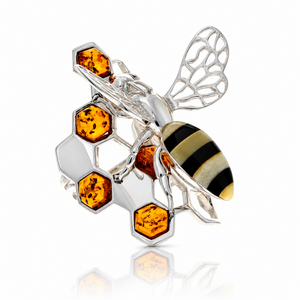 925 Sterling Silver & Genuine Baltic Amber Bee ring - AA401