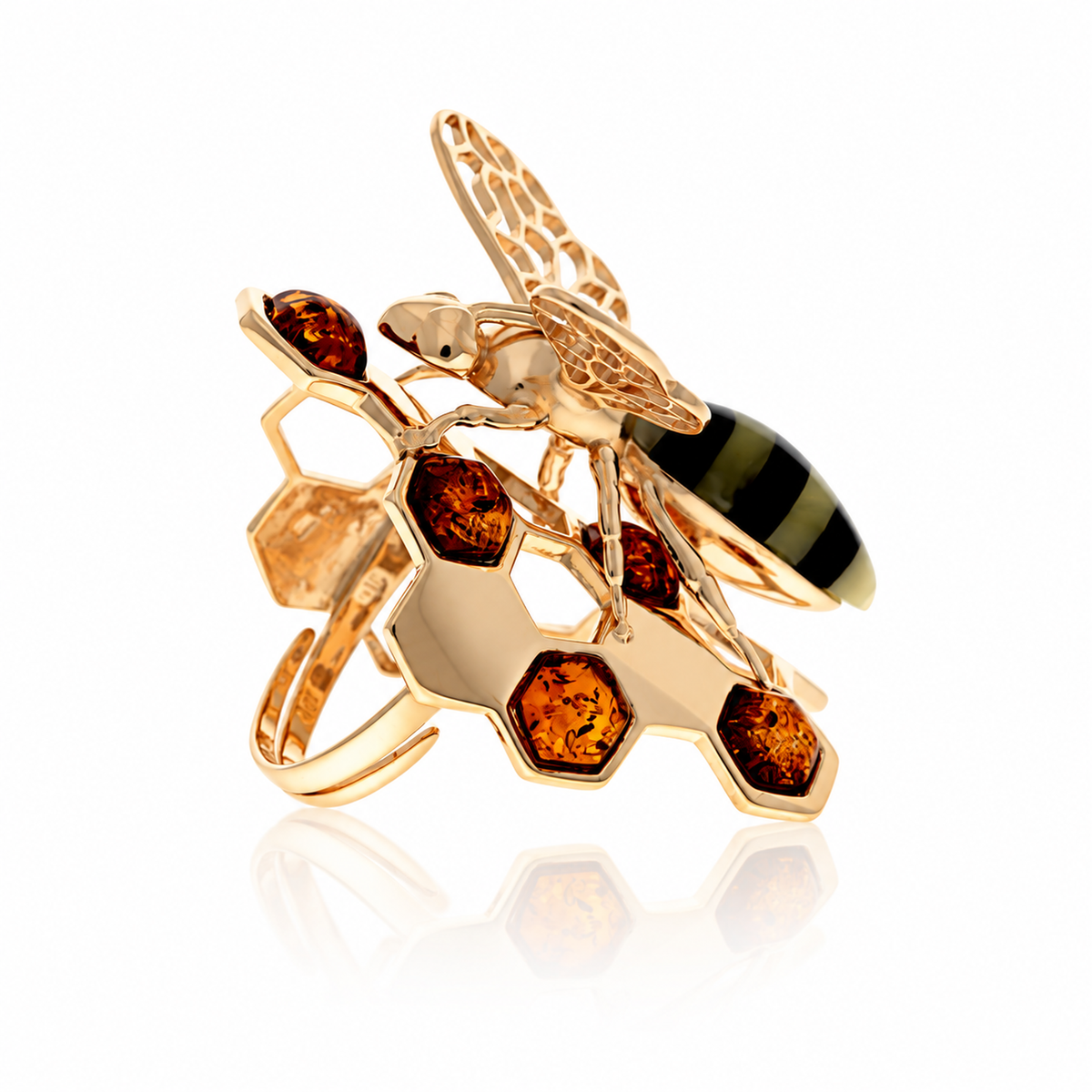 18k Gold-plated 925 Sterling Silver & Genuine Baltic Amber Bee ring - AA401G