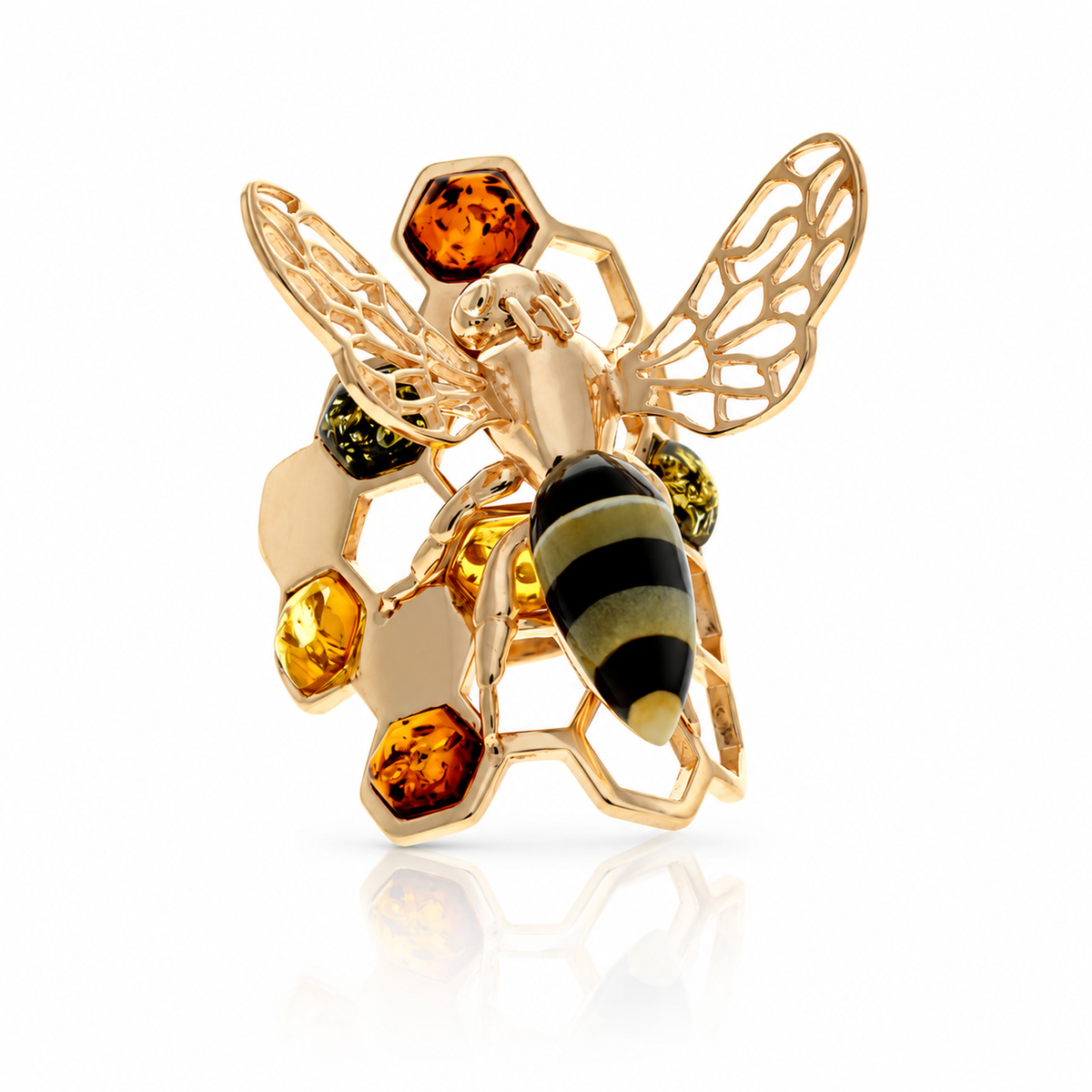18k Gold-plated 925 Sterling Silver & Genuine Baltic Amber Bee ring - AA401G