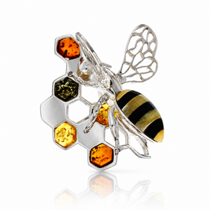 925 Sterling Silver & Genuine Baltic Amber Bee ring - AA401