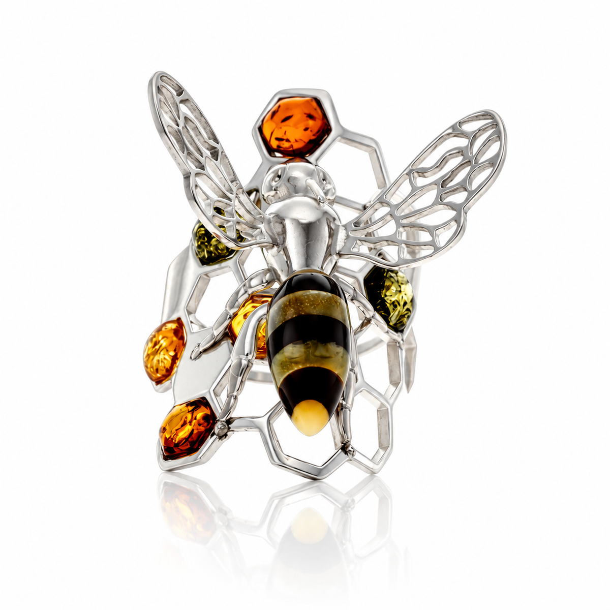 925 Sterling Silver & Genuine Baltic Amber Bee ring - AA401