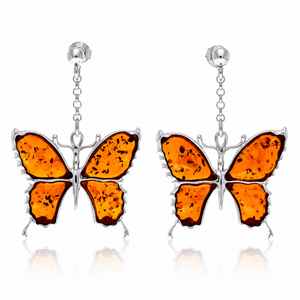 925 Sterling Silver & Genuine Baltic Amber Exclusive Large Butterfly Drop Earrings - AB009