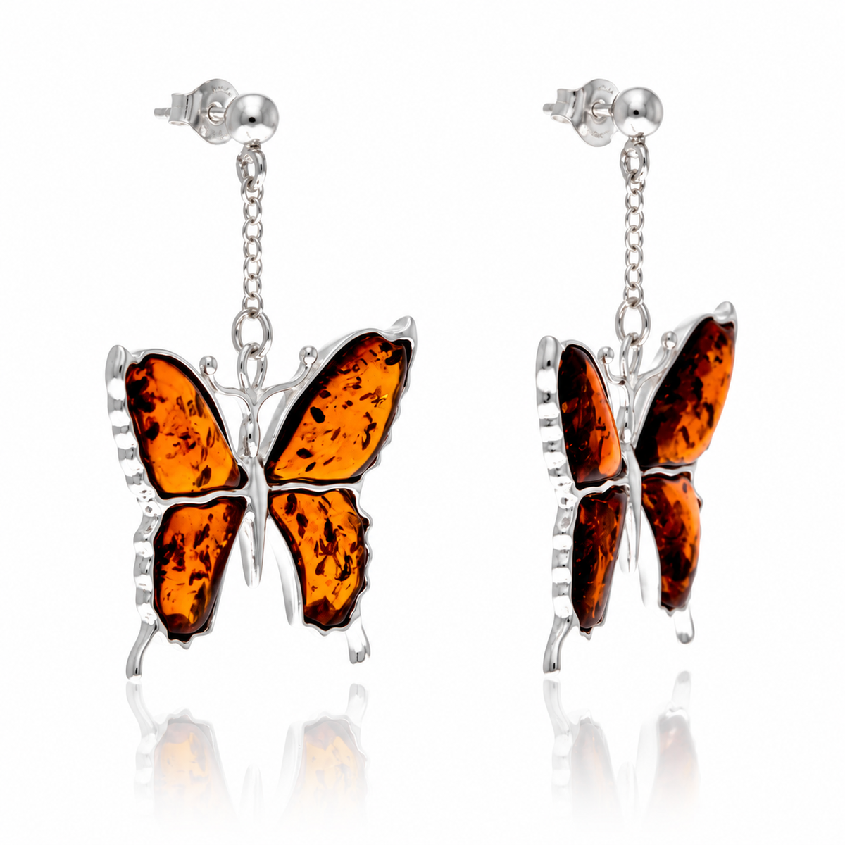 925 Sterling Silver & Genuine Baltic Amber Exclusive Large Butterfly Drop Earrings - AB009
