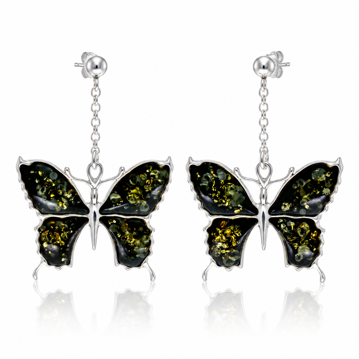 925 Sterling Silver & Genuine Baltic Amber Exclusive Large Butterfly Drop Earrings - AB009