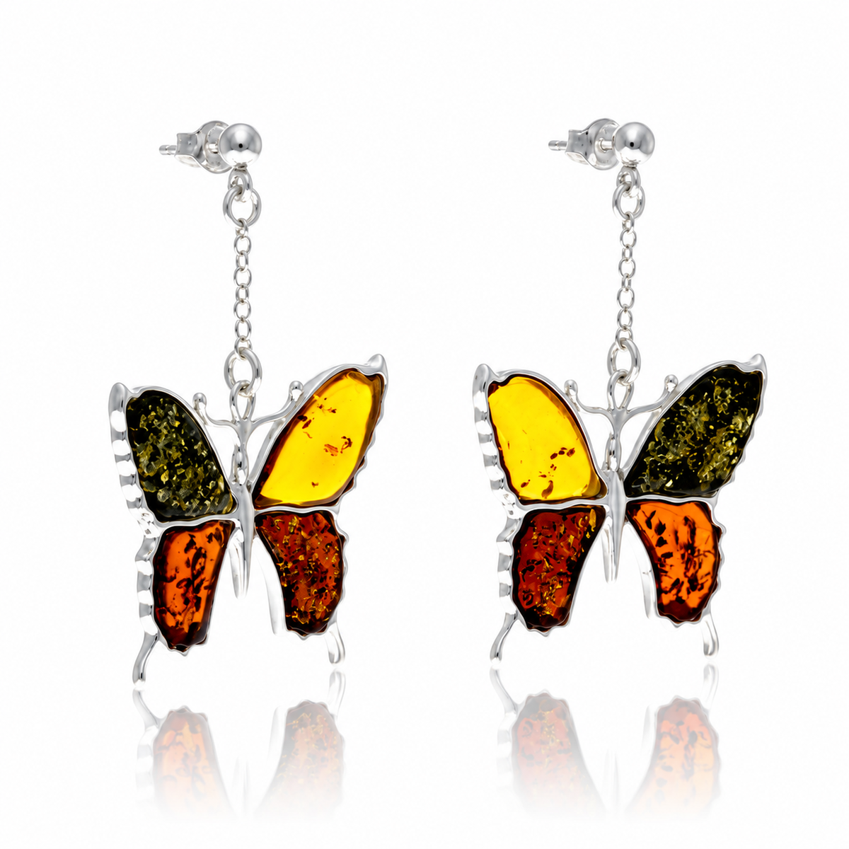 925 Sterling Silver & Genuine Baltic Amber Exclusive Large Butterfly Drop Earrings - AB009