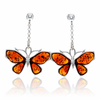 925 Sterling Silver & Genuine Baltic Amber Exclusive Large Butterfly Drop Earrings - AB010