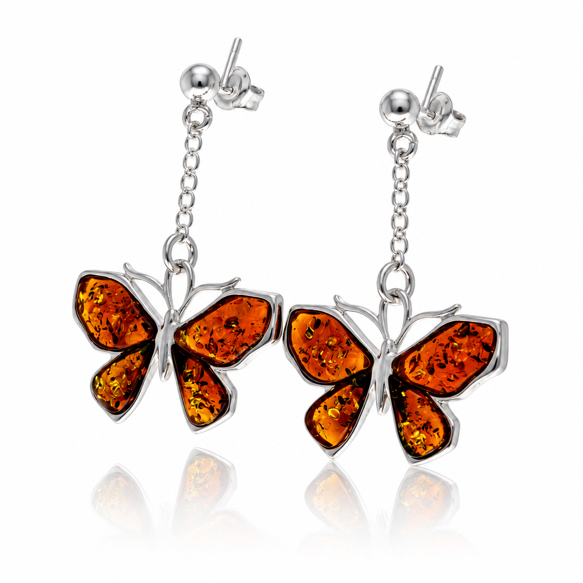 925 Sterling Silver & Genuine Baltic Amber Exclusive Large Butterfly Drop Earrings - AB010