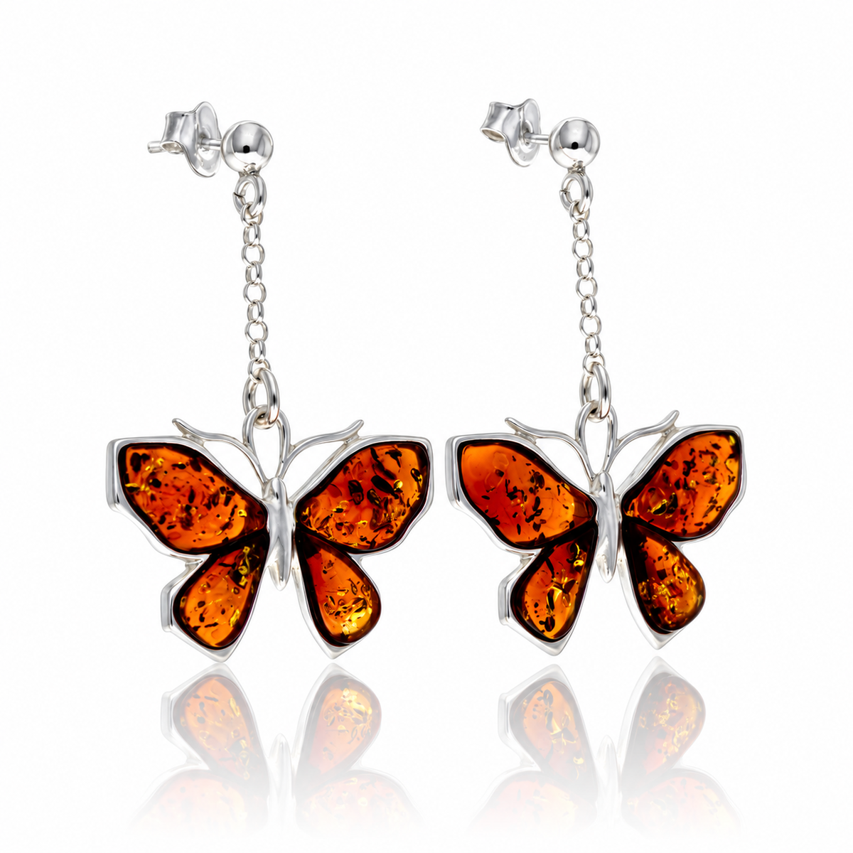 925 Sterling Silver & Genuine Baltic Amber Exclusive Large Butterfly Drop Earrings - AB010
