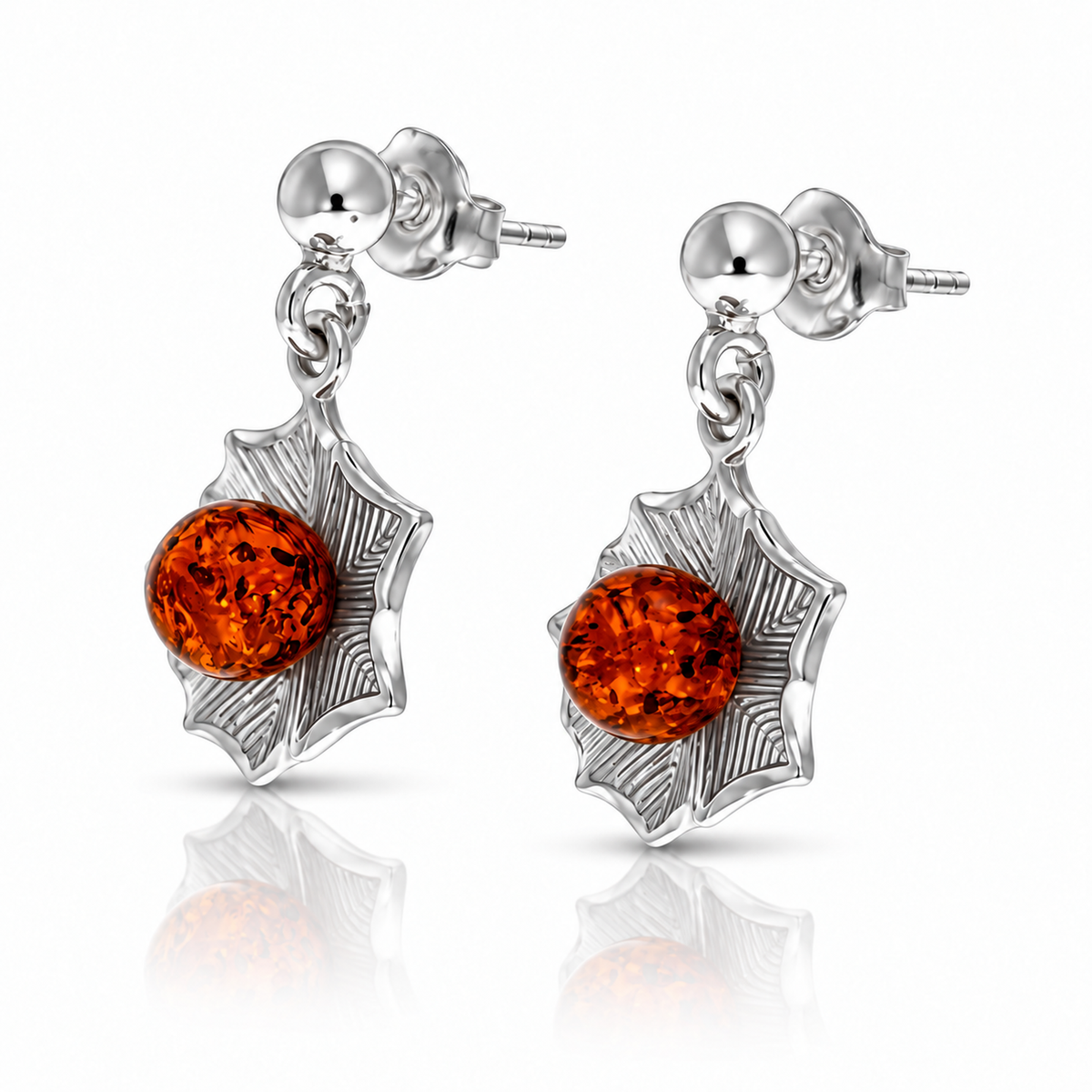925 Sterling Silver & Genuine Baltic Amber Leaf Drop Earrings with Amber Ball - AB012