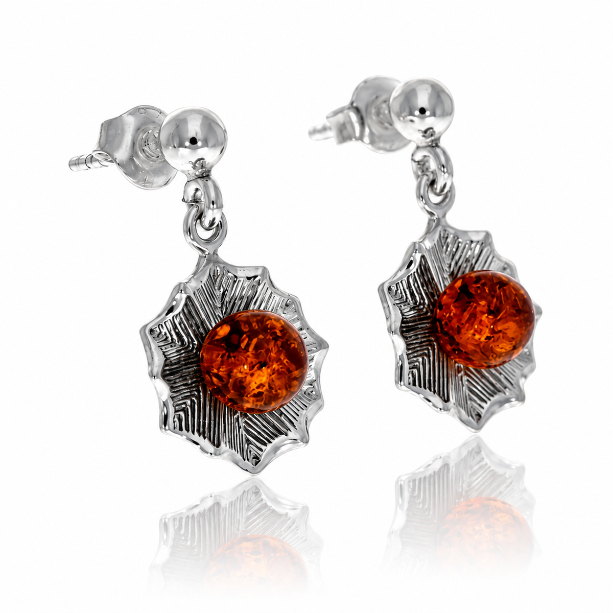 925 Sterling Silver & Genuine Baltic Amber Leaf Drop Earrings with Amber Ball - AB012