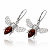 925 Sterling Silver & Genuine Baltic Amber Amber Bee Drop Earrings with Openwork Silver Wings - AB014